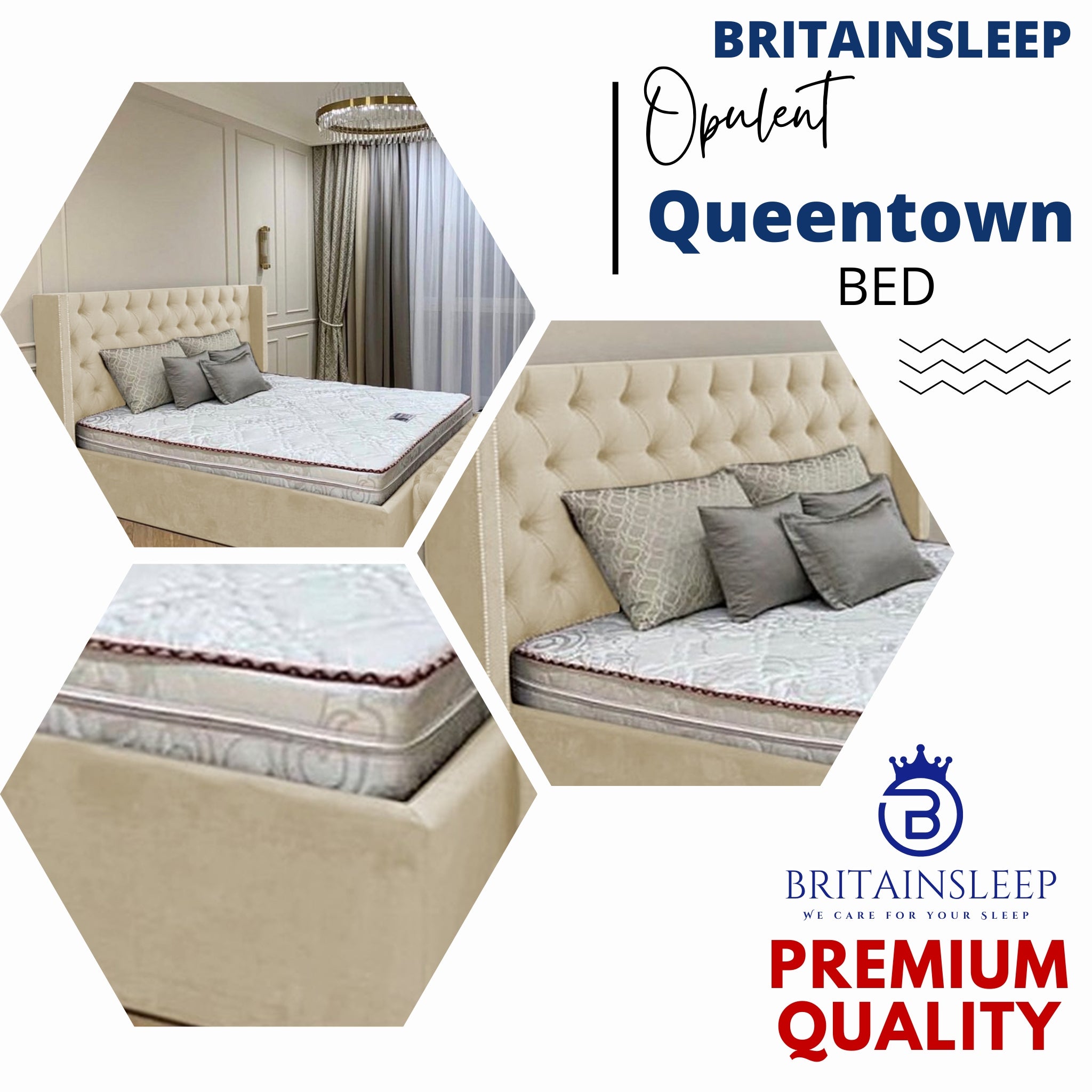Queen Town Double Studded 50'' Wing Ottoman Storage Bed Frame | Double | Single | Small Double | KingSize | Super King Size Bed Britainsleep